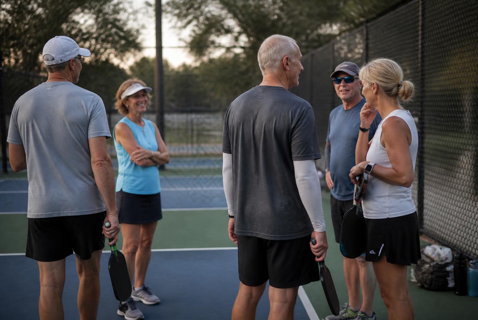 Public courts full of players on a weekend morning