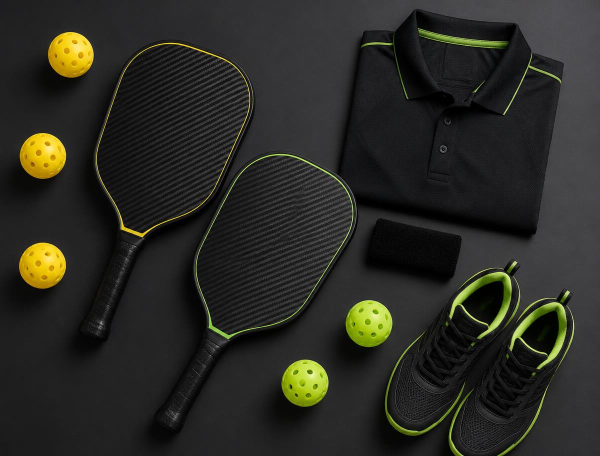 Premium pickleball paddles and gear laid out for players