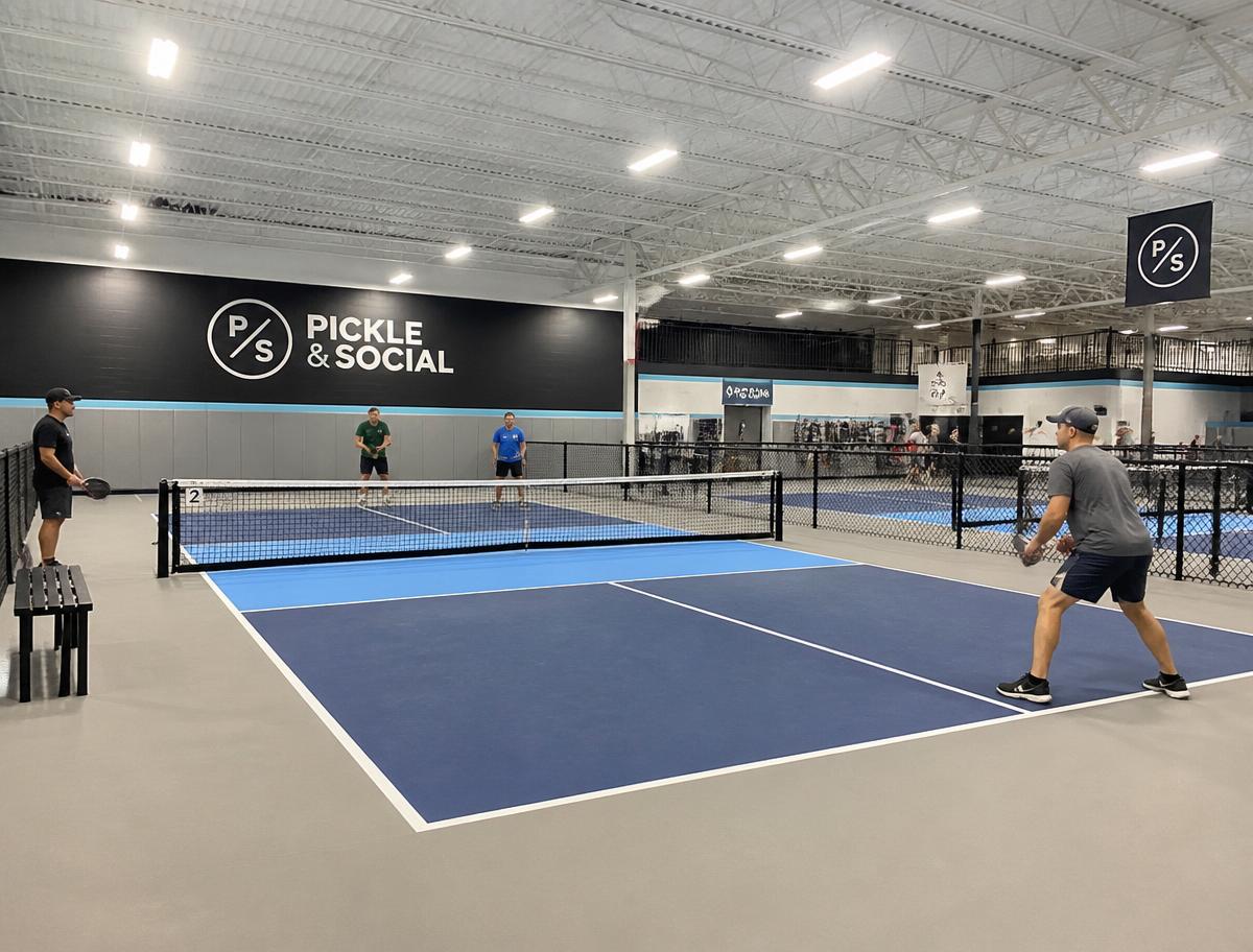 Pickleball players competing at a bright indoor court facility