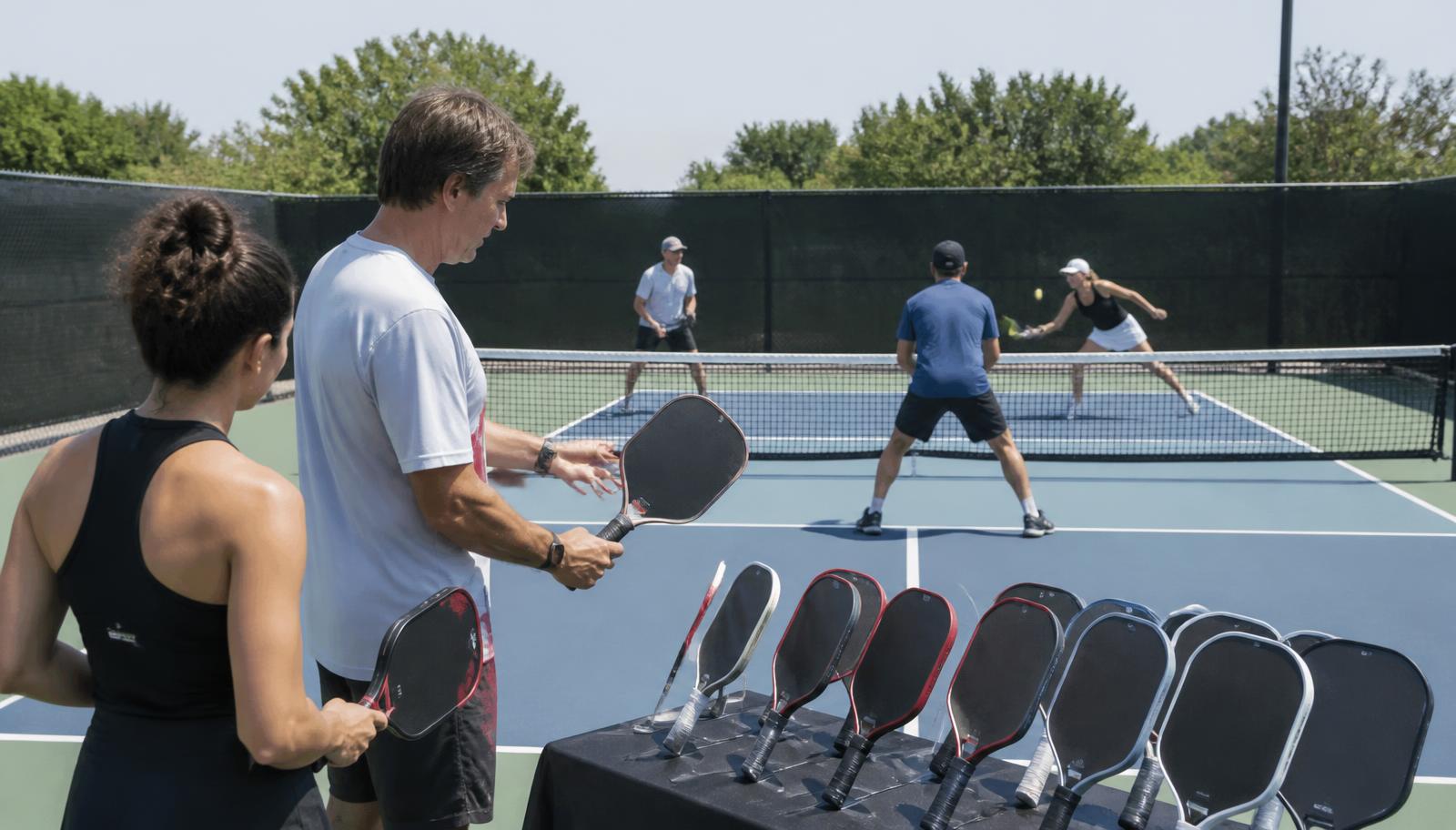 Players testing pickleball paddles beside an active outdoor court