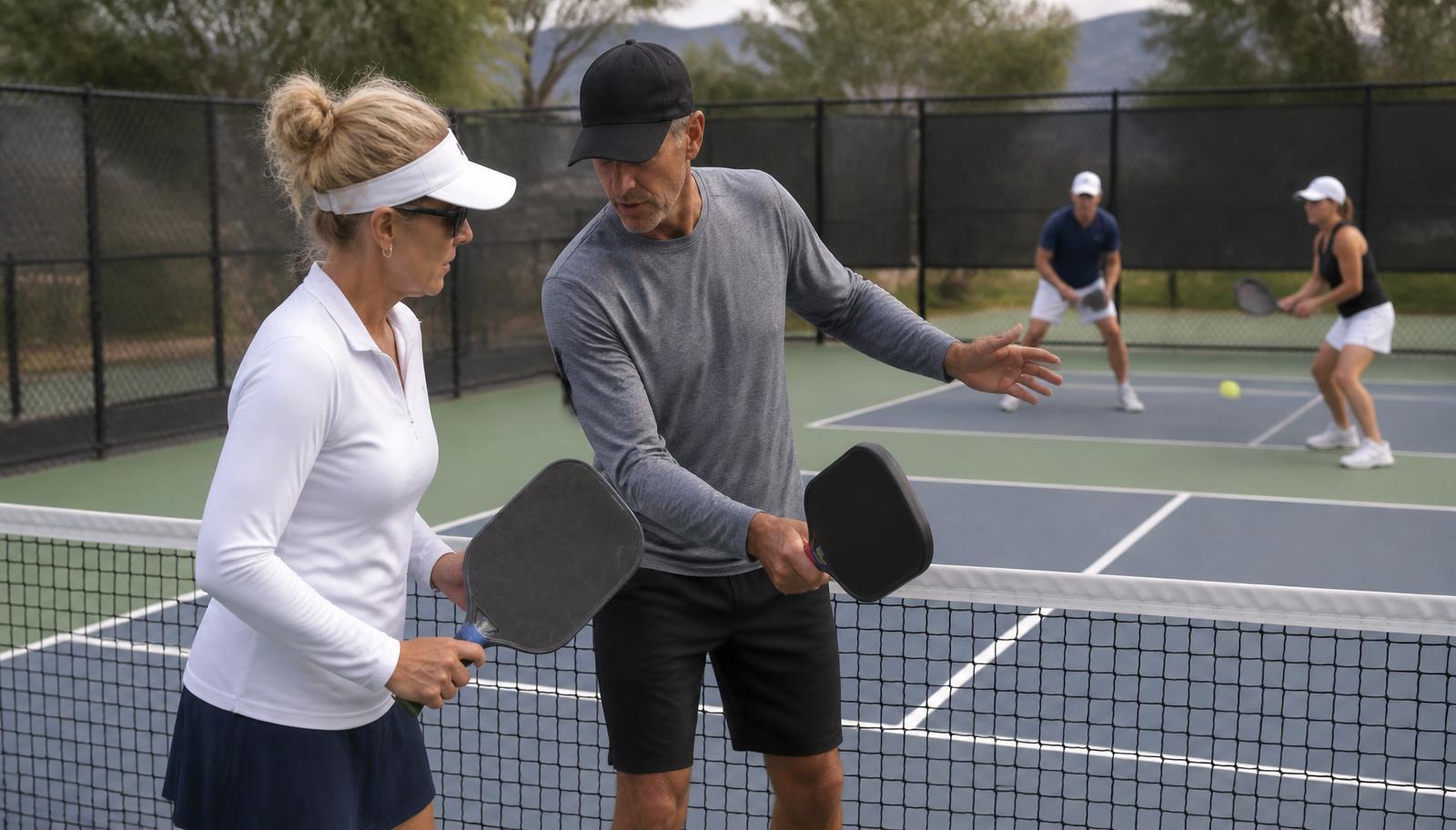 Pickleball coach demonstrating paddle technique to an adult player on court