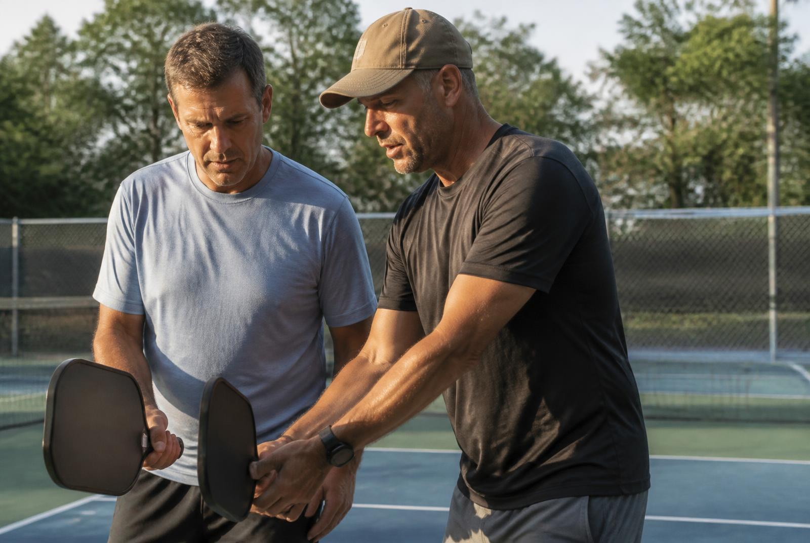 Trainer working with a pickleball player courtside